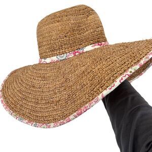 Saks Fifth Avenue Straw Hat Floral Trim Wide Brim Sun Beach Coastal Resort